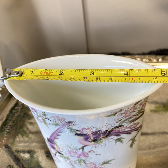 Vtg Unique Shaped Japan Vase Birds Perched On a Cherry Tree Branch Hand Painted - Picture 8 of 10